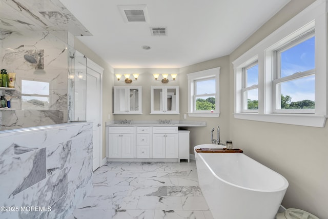 1605 Lakewood Rd, Manasquan, NJ 08736 - bathroom featuring double vanity, a marble finish shower, a freestanding tub, and marble look tile flooring