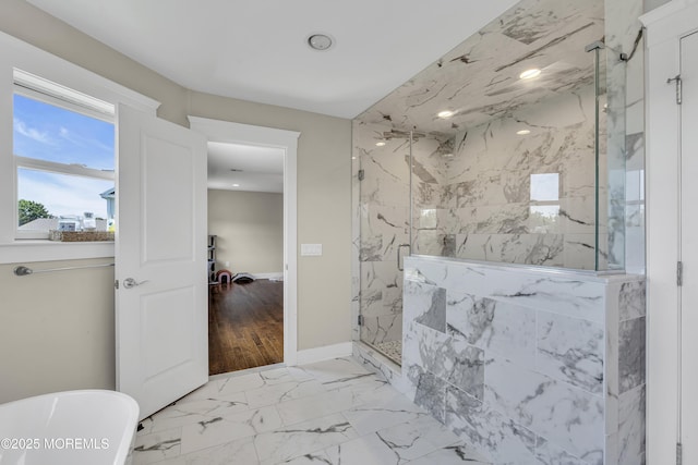 1605 Lakewood Rd, Manasquan, NJ 08736 - bathroom with a marble finish shower, a soaking tub, and marble finish flooring
