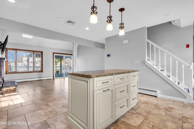 91 Wind Jammer Ct, Bayville, NJ 08721 - kitchen with a baseboard heating unit, open floor plan, dark stone counters, decorative light fixtures, and recessed lighting