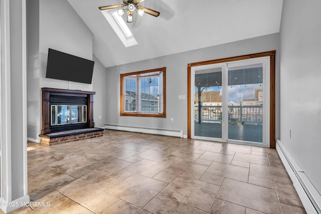 91 Wind Jammer Ct, Bayville, NJ 08721 - unfurnished living room with a baseboard radiator, ceiling fan, a skylight, a fireplace, and high vaulted ceiling