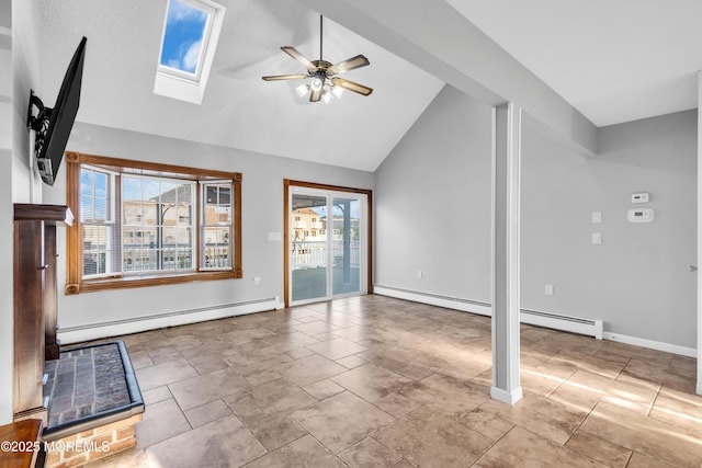 91 Wind Jammer Ct, Bayville, NJ 08721 - unfurnished living room with a baseboard heating unit, a ceiling fan, a skylight, and high vaulted ceiling