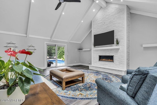 32 Blackbriar Dr, Colts Neck, NJ 07722 - living room with high vaulted ceiling, beamed ceiling, wood finished floors, a fireplace, and recessed lighting