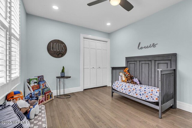 32 Blackbriar Dr, Colts Neck, NJ 07722 - bedroom with wood finished floors, a closet, ceiling fan, and recessed lighting