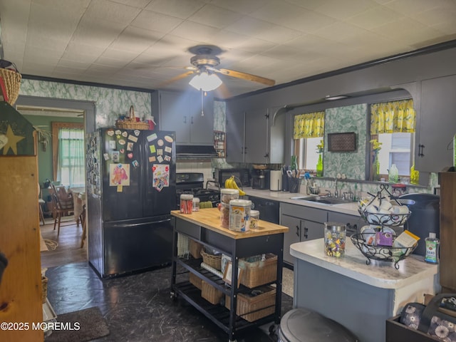 192 Bath Ave, Long Branch, NJ 07740 - kitchen featuring black appliances, a ceiling fan, light countertops, gray cabinetry, and under cabinet range hood