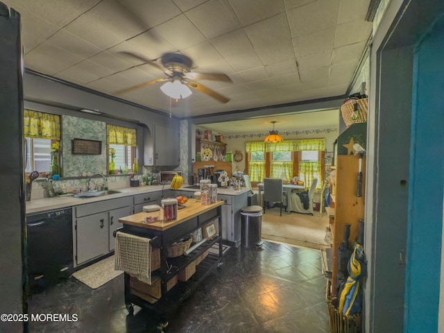 192 Bath Ave, Long Branch, NJ 07740 - kitchen featuring black dishwasher, light countertops, ceiling fan, tile patterned floors, and gray cabinetry