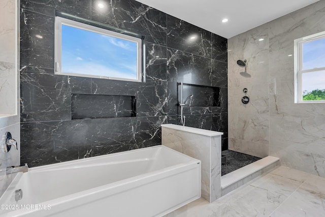 1423 Anthony Ct, Toms River, NJ 08753 - bathroom featuring a bath, a shower, tile walls, and recessed lighting