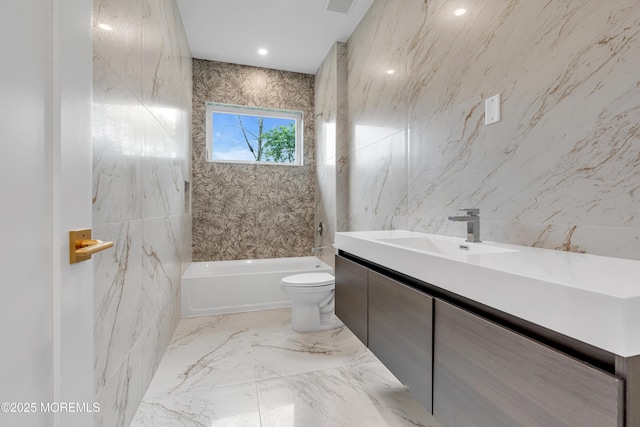 1423 Anthony Ct, Toms River, NJ 08753 - bathroom featuring tile walls, vanity, marble tiled flooring, and washtub / shower combination