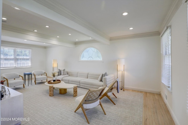 12 Harbor Ct, West Long Branch, NJ 07764 - living room featuring light wood-style floors, plenty of natural light, beam ceiling, crown molding, and recessed lighting