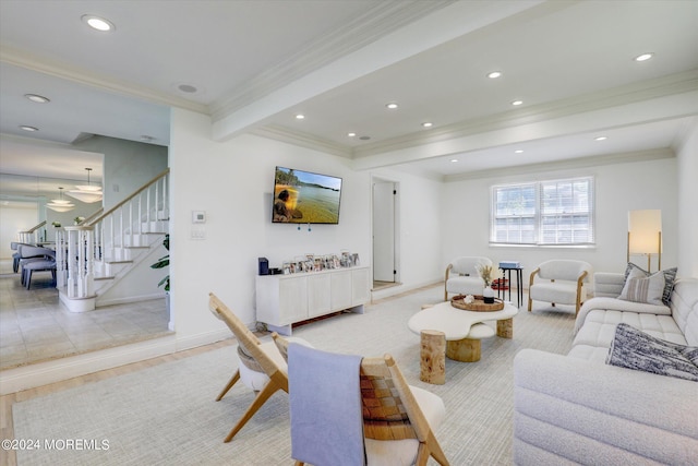 12 Harbor Ct, West Long Branch, NJ 07764 - living area with ornamental molding, stairway, and recessed lighting