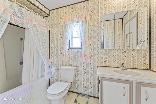 124 Village Rd, Morganville, NJ 07751 - bathroom featuring vanity, shower / bathtub combination with curtain, and wallpapered walls