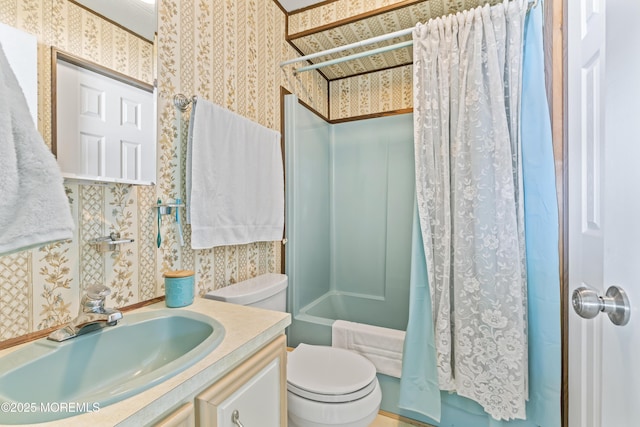 124 Village Rd, Morganville, NJ 07751 - full bath featuring wallpapered walls, vanity, and shower / tub combo