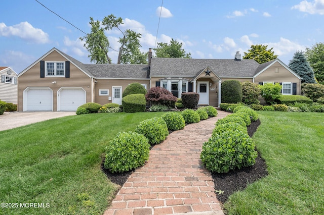 149 9th St, Belford, NJ 07718 - view of front of property with a chimney, a front lawn, driveway, and an attached garage