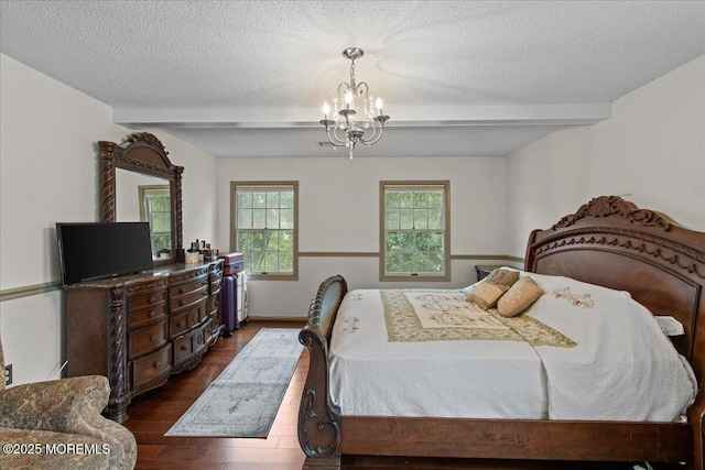 519 Gilford Ave, Toms River, NJ 08753 - bedroom featuring beam ceiling, a chandelier, a textured ceiling, and dark wood-type flooring