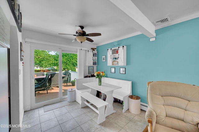 5 Robert Ave, Howell, NJ 07731 - dining space with a ceiling fan, light tile patterned flooring, a baseboard heating unit, and beam ceiling