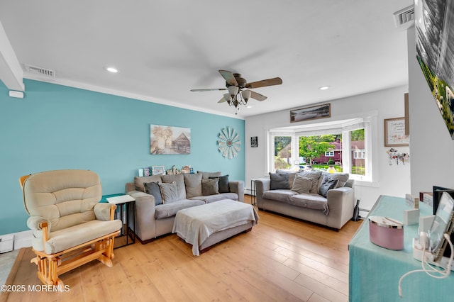 5 Robert Ave, Howell, NJ 07731 - living room with ceiling fan, light wood-style flooring, recessed lighting, and a baseboard radiator