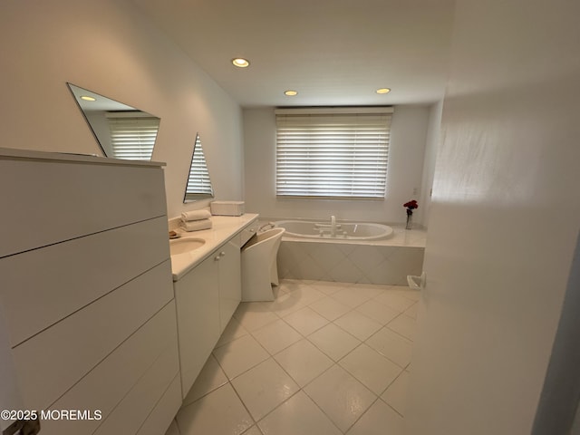 5205 Ocean Dr S, Brigantine City, NJ 08203 - bathroom featuring vanity, a garden tub, tile patterned flooring, and recessed lighting