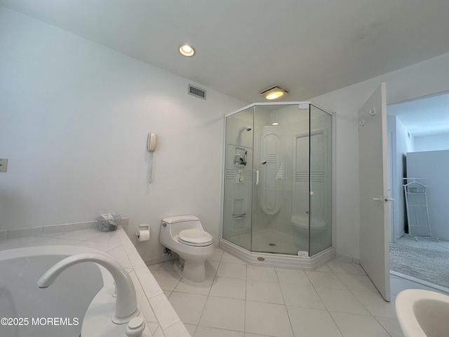 5205 Ocean Dr S, Brigantine City, NJ 08203 - bathroom featuring a shower stall, a bath, tile patterned flooring, and recessed lighting