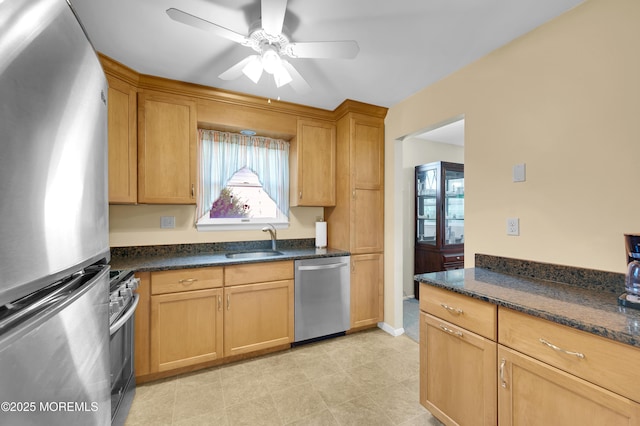 7 Robinson Rd, Brick, NJ 08724 - kitchen with appliances with stainless steel finishes, ceiling fan, and dark stone countertops