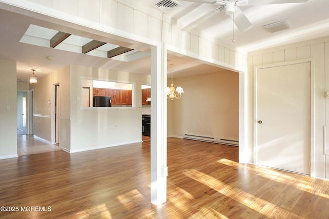 33 Claremont Ct, Red Bank, NJ 07701 - unfurnished living room with a baseboard radiator, ceiling fan, a chandelier, and light wood-type flooring