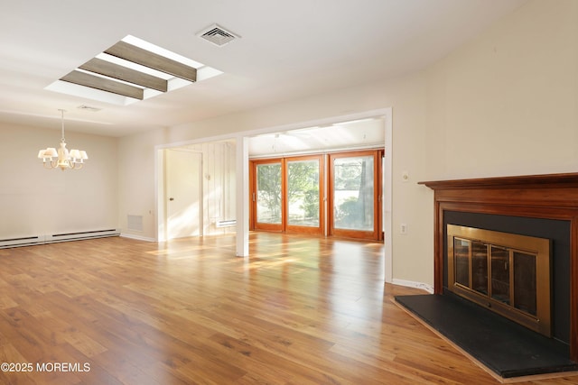 33 Claremont Ct, Red Bank, NJ 07701 - unfurnished living room featuring a glass covered fireplace, a chandelier, light wood finished floors, and baseboard heating