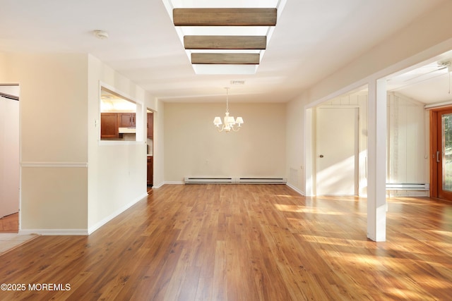 33 Claremont Ct, Red Bank, NJ 07701 - unfurnished dining area with a baseboard radiator, a chandelier, baseboard heating, and hardwood / wood-style floors