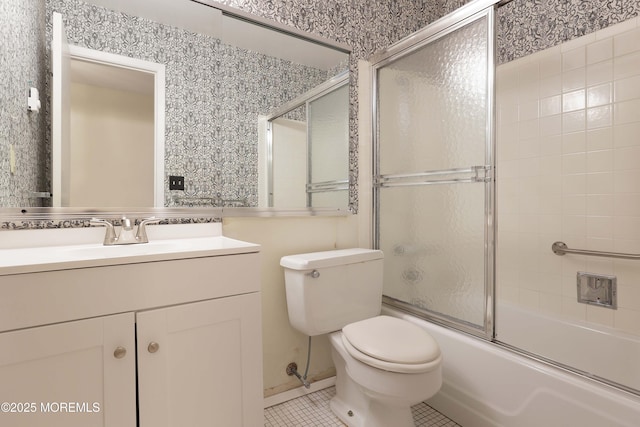 33 Claremont Ct, Red Bank, NJ 07701 - full bathroom with tile patterned floors, vanity, bath / shower combo with glass door, and wallpapered walls