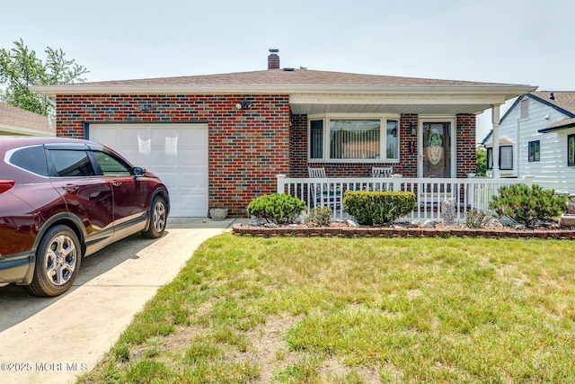 861 Jamaica Blvd, Toms River, NJ 08757 - view of front of house with brick siding, an attached garage, covered porch, a chimney, and a front yard