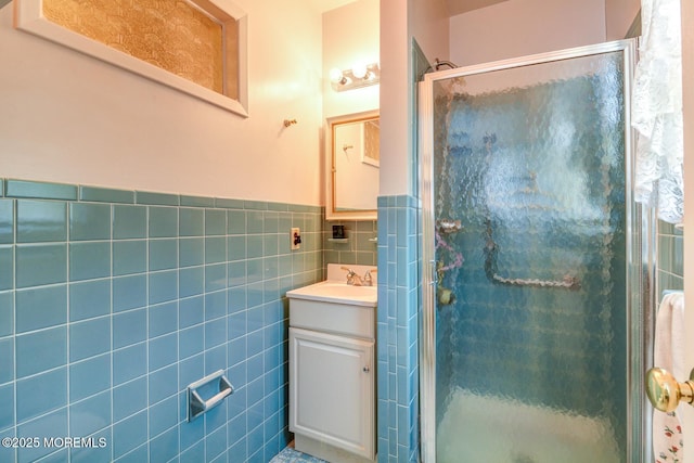 861 Jamaica Blvd, Toms River, NJ 08757 - bathroom featuring vanity, tile walls, a shower stall, and wainscoting