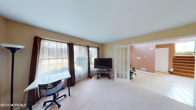 5 Samantha Dr, Monroe, NJ 08831 - living area with french doors, stairs, and tile patterned flooring