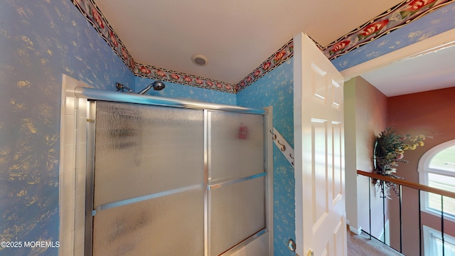 5 Samantha Dr, Monroe, NJ 08831 - bathroom with wallpapered walls and an enclosed shower