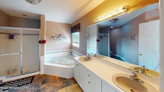 5 Samantha Dr, Monroe, NJ 08831 - full bath featuring a stall shower, a jetted tub, stone finish floors, and double vanity