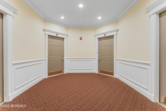 632 Sophee Ln, Lakewood, NJ 08701 - hall with carpet flooring, recessed lighting, crown molding, a decorative wall, and a wainscoted wall