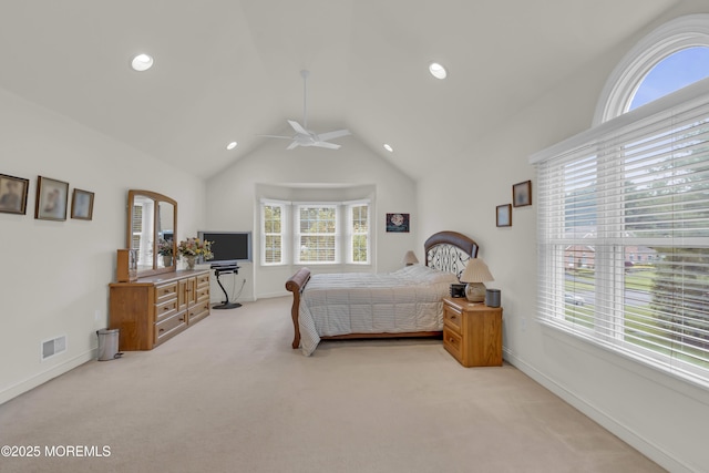 329 Valley View Cir, Freehold, NJ 07728 - bedroom with multiple windows, light colored carpet, recessed lighting, vaulted ceiling, and ceiling fan
