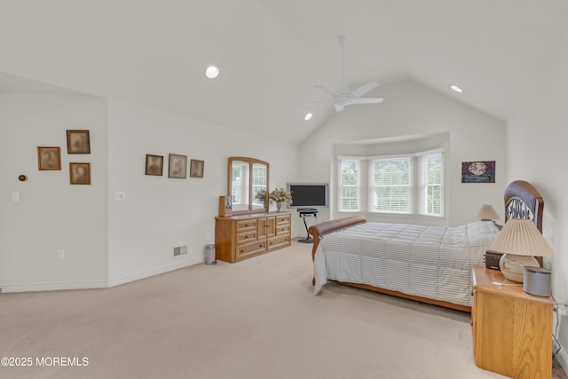 329 Valley View Cir, Freehold, NJ 07728 - bedroom featuring light colored carpet, recessed lighting, vaulted ceiling, and a ceiling fan