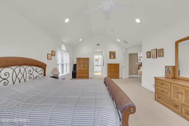 329 Valley View Cir, Freehold, NJ 07728 - bedroom with light carpet, recessed lighting, high vaulted ceiling, and a ceiling fan