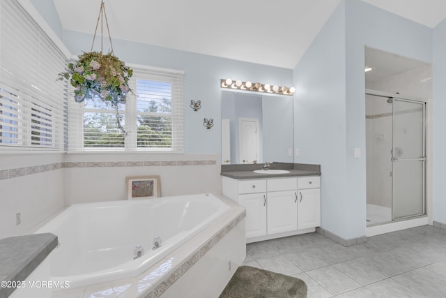 329 Valley View Cir, Freehold, NJ 07728 - full bath featuring vanity, a shower stall, a jetted tub, and tile patterned flooring