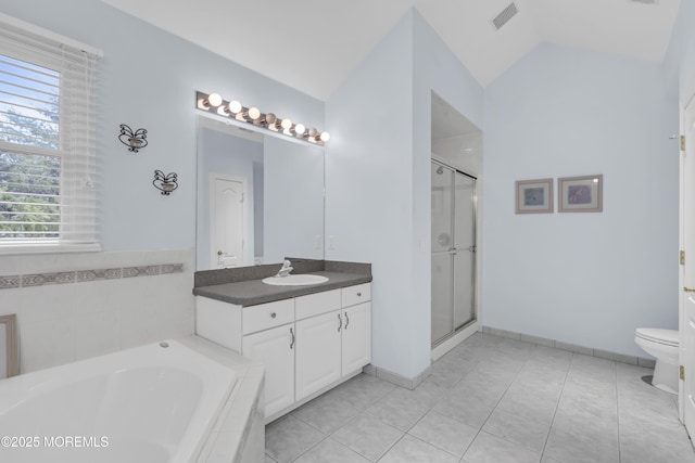 329 Valley View Cir, Freehold, NJ 07728 - full bath with vanity, a garden tub, a stall shower, vaulted ceiling, and tile patterned flooring