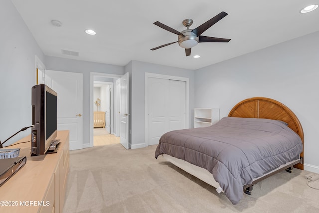 329 Valley View Cir, Freehold, NJ 07728 - bedroom with recessed lighting, a closet, light carpet, and ceiling fan