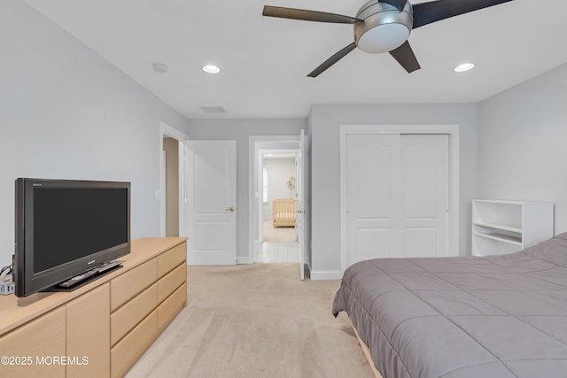 329 Valley View Cir, Freehold, NJ 07728 - bedroom featuring light colored carpet, a closet, recessed lighting, and a ceiling fan