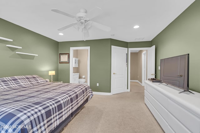 329 Valley View Cir, Freehold, NJ 07728 - bedroom featuring light colored carpet, recessed lighting, ensuite bathroom, and a ceiling fan