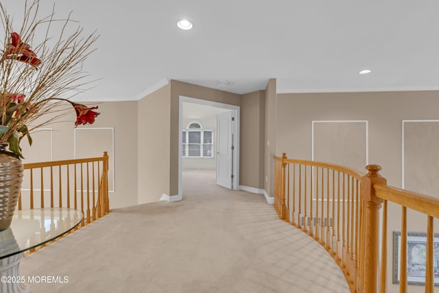329 Valley View Cir, Freehold, NJ 07728 - hallway with an upstairs landing, carpet, recessed lighting, and crown molding