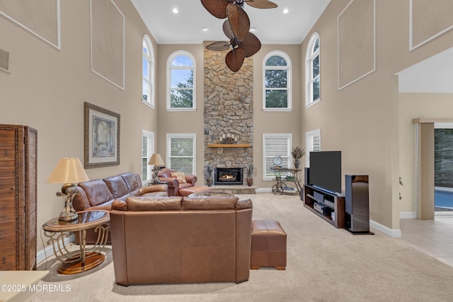 329 Valley View Cir, Freehold, NJ 07728 - living area featuring a ceiling fan, a towering ceiling, carpet flooring, a fireplace, and recessed lighting