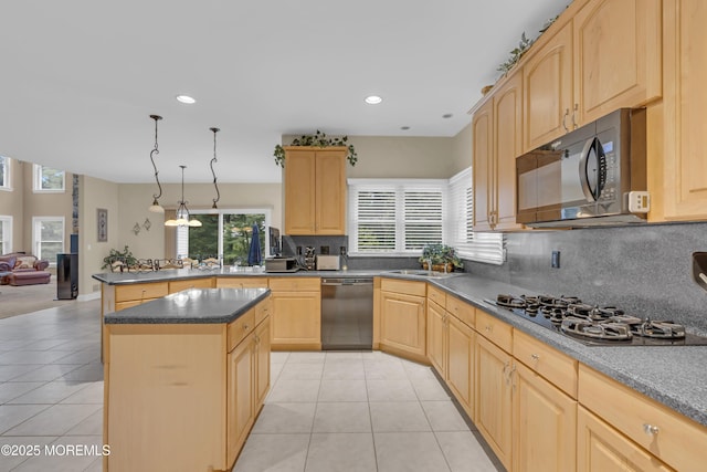 329 Valley View Cir, Freehold, NJ 07728 - kitchen with black appliances, light brown cabinetry, tasteful backsplash, light tile patterned floors, and recessed lighting