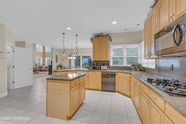 329 Valley View Cir, Freehold, NJ 07728 - kitchen featuring dishwasher, light brown cabinetry, stainless steel microwave, black gas cooktop, and backsplash