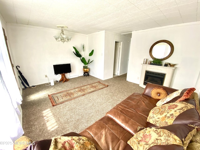 451 Brookside Ave, Laurence Harbor, NJ 08879 - carpeted living room featuring a chandelier, a glass covered fireplace, and ornamental molding