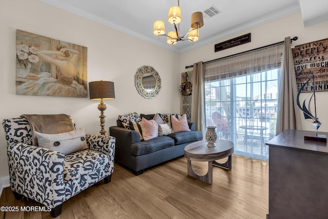 14 Seadrift Ave, Highlands, NJ 07732 - living room with a chandelier, wood finished floors, and crown molding