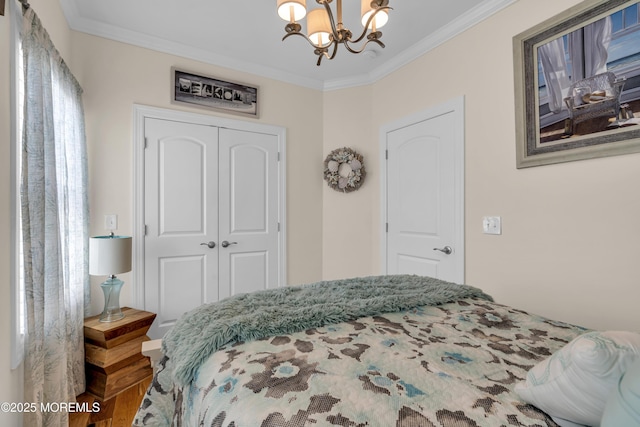 14 Seadrift Ave, Highlands, NJ 07732 - bedroom with crown molding, a closet, a chandelier, and wood finished floors