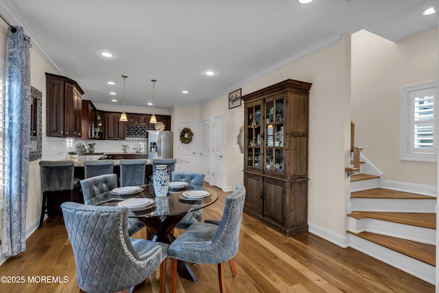 14 Seadrift Ave, Highlands, NJ 07732 - dining room featuring stairs, recessed lighting, wood finished floors, and ornamental molding