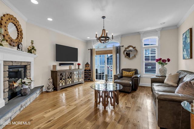 14 Seadrift Ave, Highlands, NJ 07732 - living room with hardwood / wood-style floors, recessed lighting, a fireplace, a chandelier, and ornamental molding