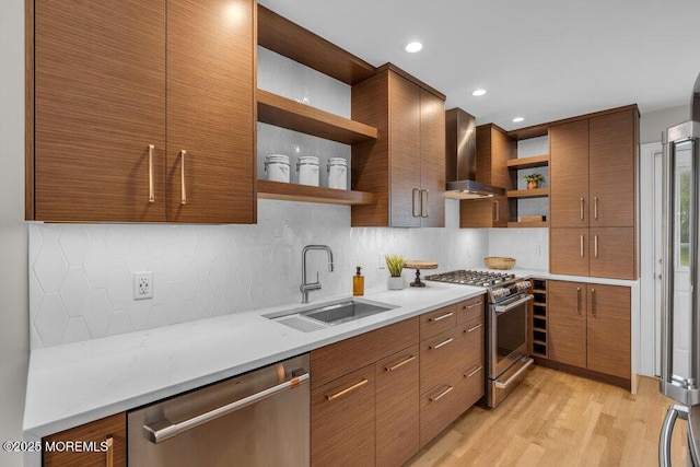 8 Eunice Ter, West Long Branch, NJ 07764 - kitchen with open shelves, appliances with stainless steel finishes, wall chimney exhaust hood, decorative backsplash, and light wood finished floors